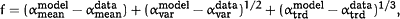 f=(&agr;<SUP><UP>model</UP></SUP><SUB><UP>mean</UP></SUB>−&agr;<SUP><UP>data</UP></SUP><SUB><UP>mean</UP></SUB>)&plus;(&agr;<SUP><UP>model</UP></SUP><SUB><UP>var</UP></SUB>−&agr;<SUP><UP>data</UP></SUP><SUB><UP>var</UP></SUB>)<SUP>1/2</SUP>&plus;(&agr;<SUP><UP>model</UP></SUP><SUB><UP>trd</UP></SUB>−&agr;<SUP><UP>data</UP></SUP><SUB><UP>trd</UP></SUB>)<SUP><UP>1/3</UP></SUP><UP>,</UP>